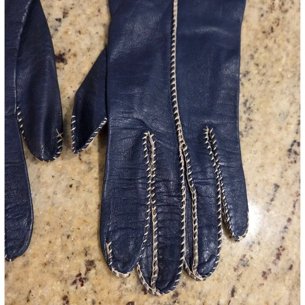 Vintage Womens Size XS S 6 1/4 Blue Leather Formal Gloves Contrast Stitching